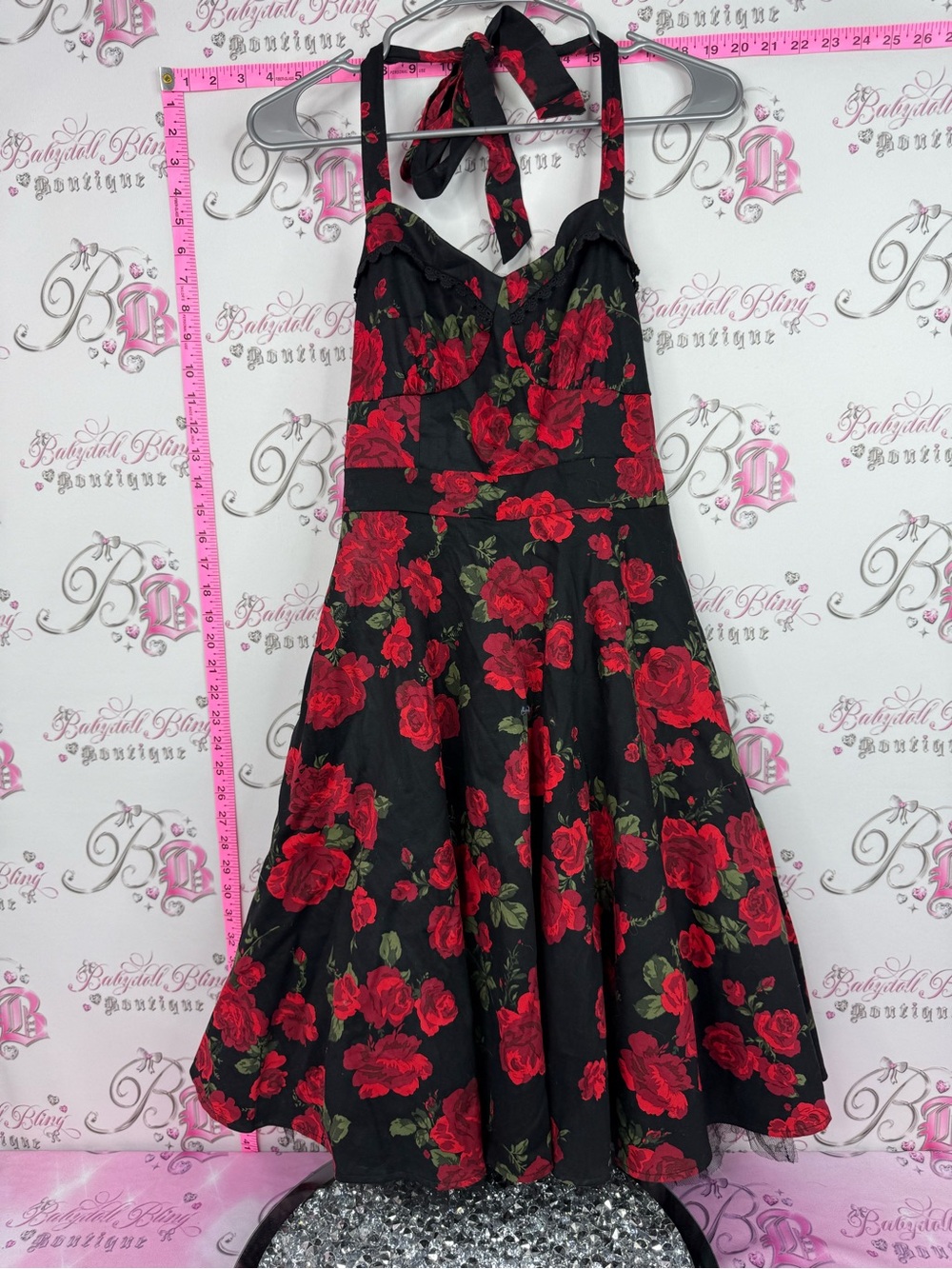 Hot Topic dress tutu Black Halter Midi Dress with Red Rose Print
